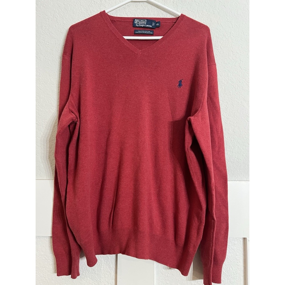 Polo Ralph Lauren Mens V Neck Pima Cotton Knitted Sweater Red XL Pullover